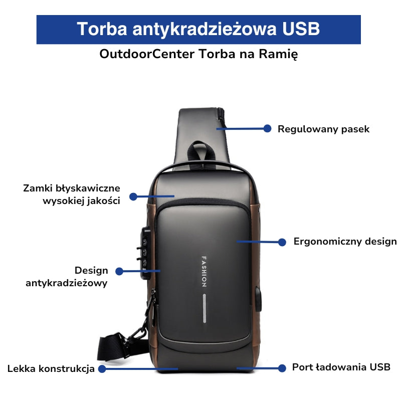 Antykradzieżowa torba na klatkę piersiową – USB – Zamek szyfrowy