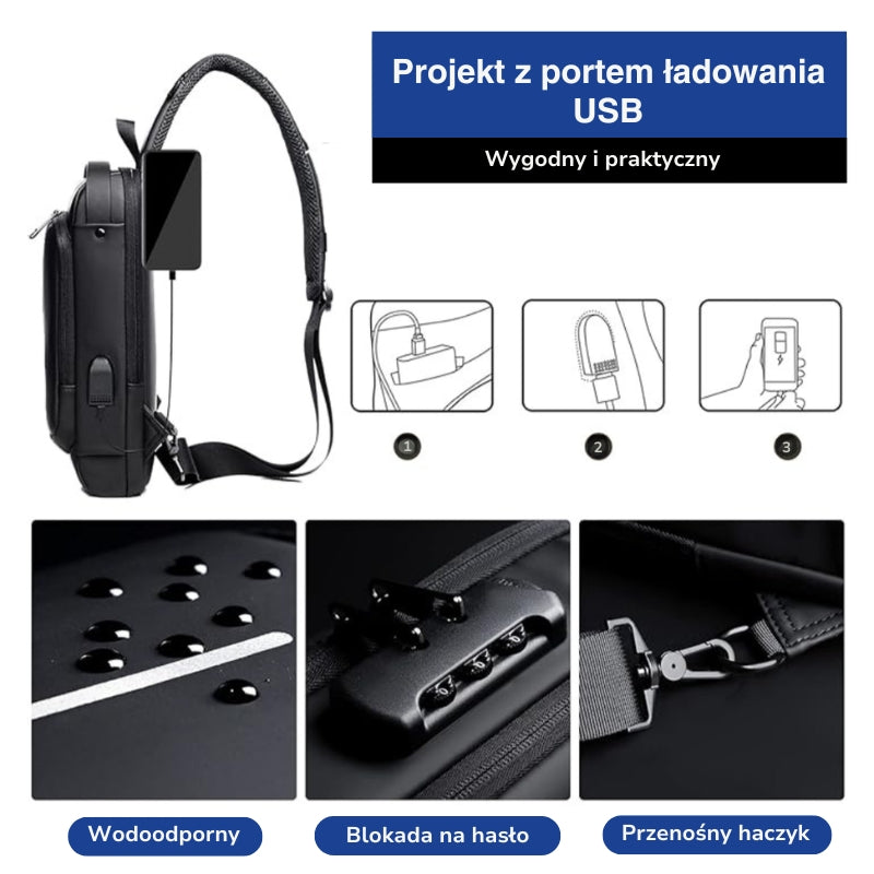 Antykradzieżowa torba na klatkę piersiową – USB – Zamek szyfrowy