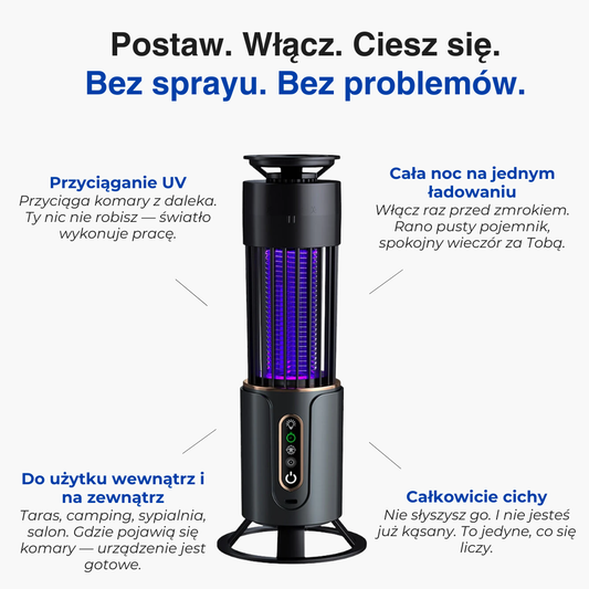 Elektryczna lampa na komary UV – LED, ładowana, do użytku wewnątrz i na zewnątrz