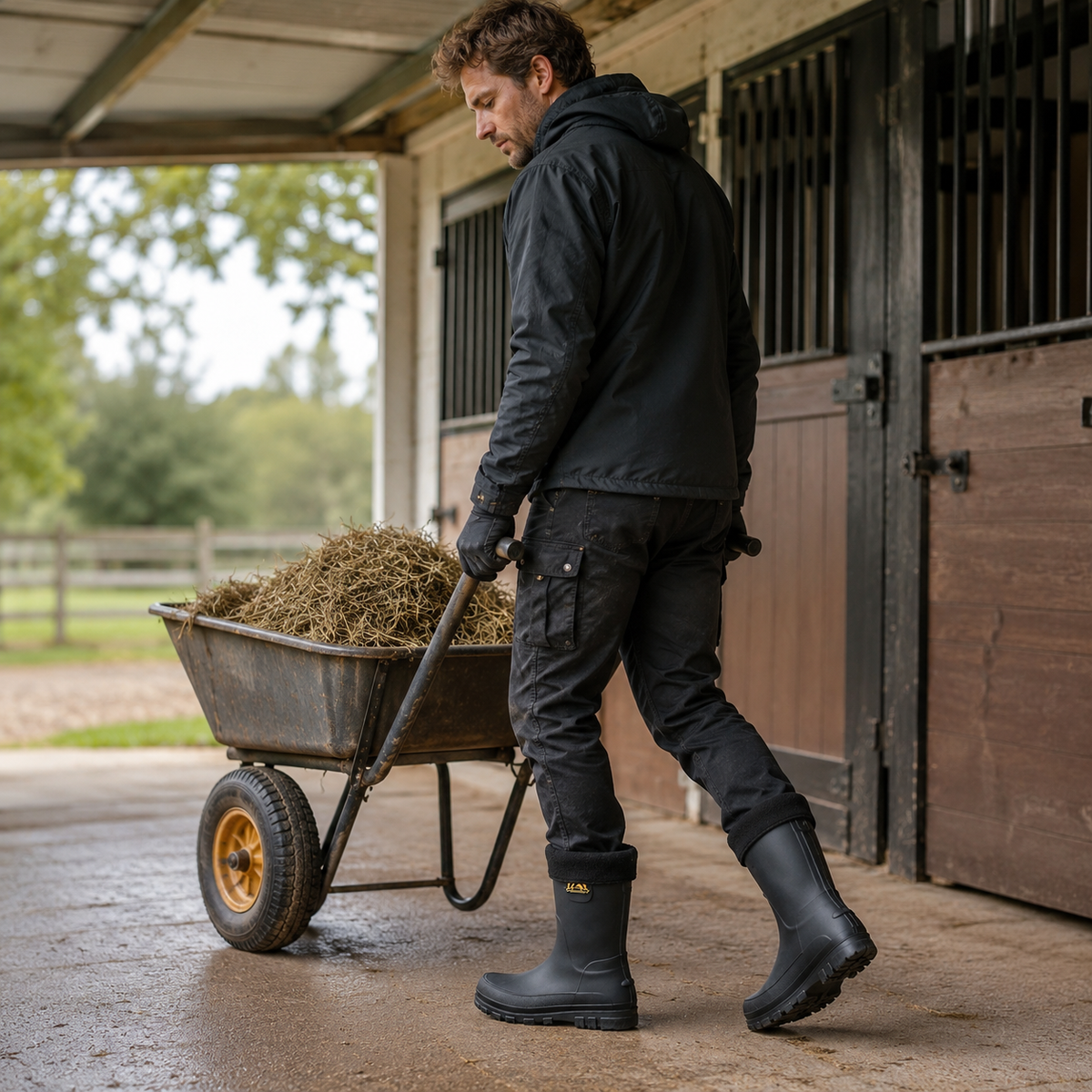 Ocieplane kalosze przy pracy w stajni z taczką