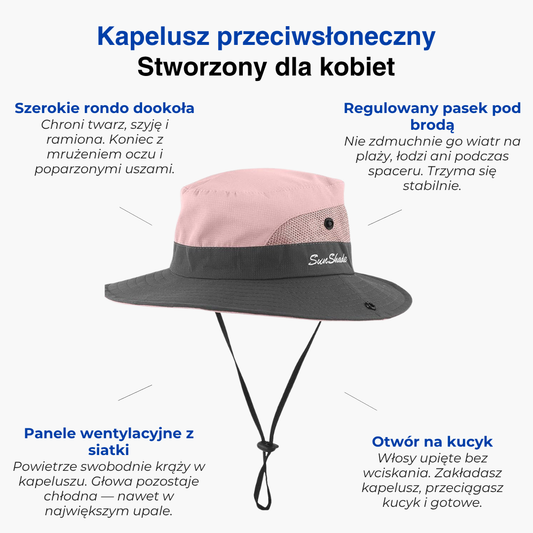 Damski kapelusz przeciwsłoneczny z szerokim rondem – ochrona UV, otwór na kucyk