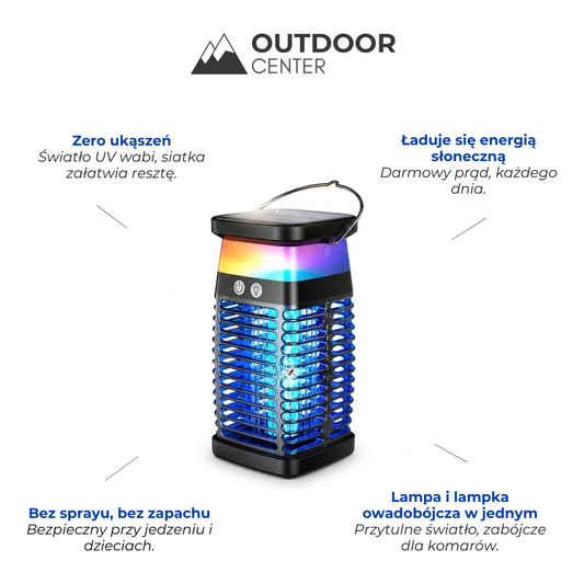 Solarna Lampa na Komary - Elektryczna Lampa Owadobójcza - Latarnia Kempingowa
