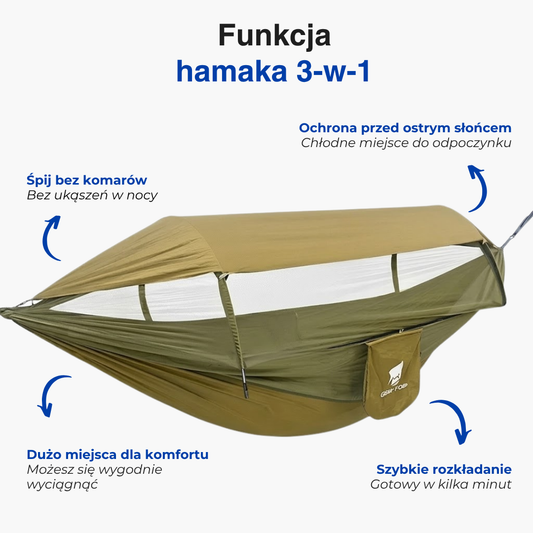 Hamak outdoorowy 3 w 1 – Moskitiera – Osłona przeciwsłoneczna