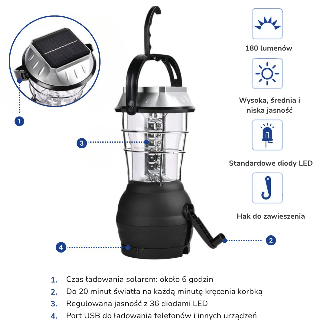 Lampa Solarna – Latarka Kempingowa – Ładowarka USB