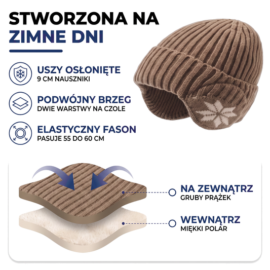 Czapka uszatka unisex ze wzorem w śnieżynki, dziana czapka zimowa