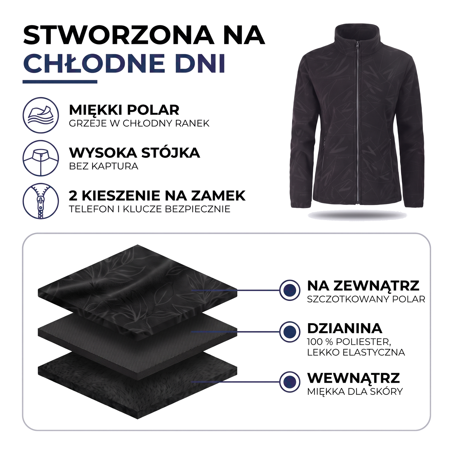 Kurtka jesienna damska z polaru ze stójką