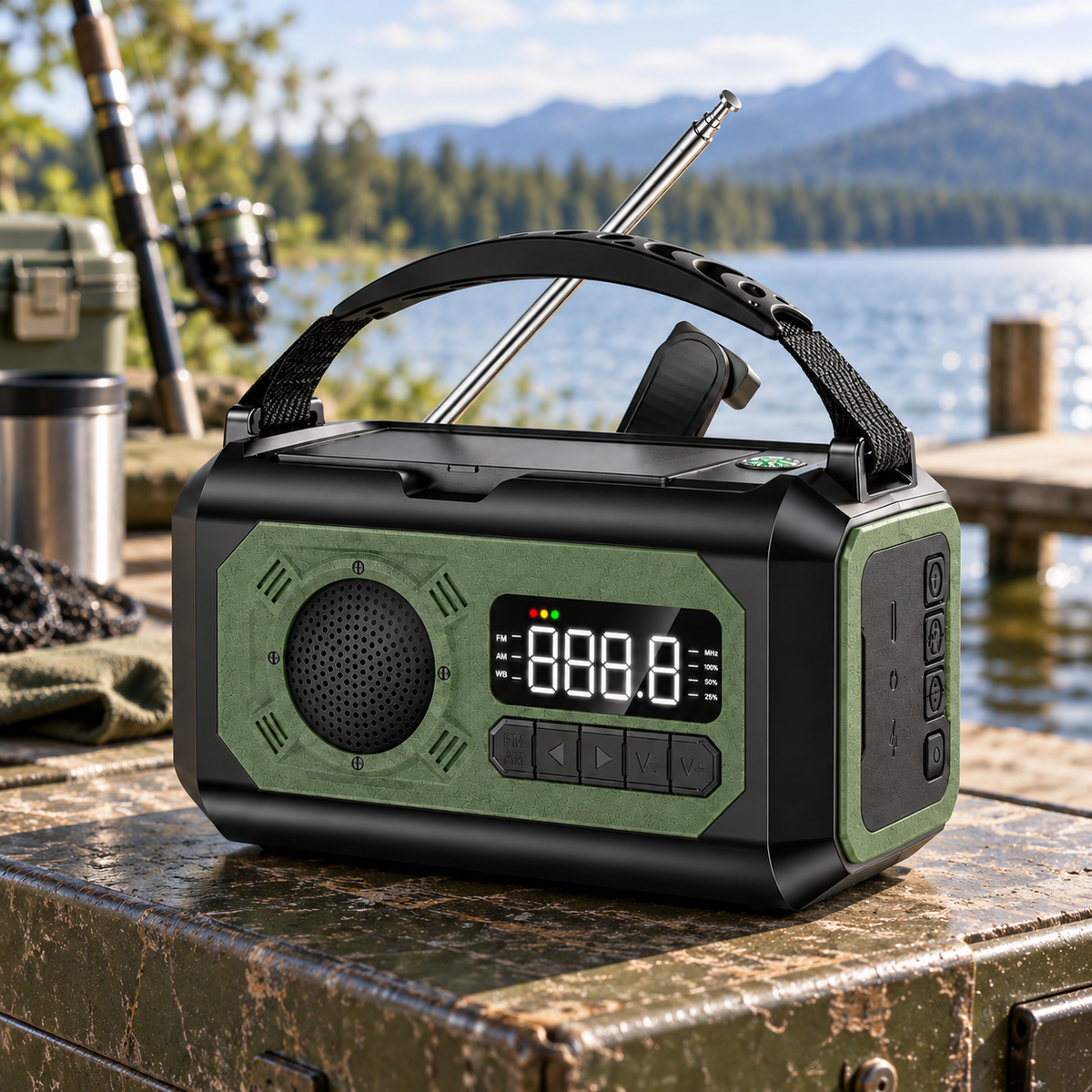 Radio awaryjne z panelem solarnym na skrzyni nad jeziorem