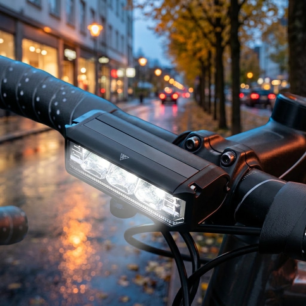 Lampka rowerowa przednia LED na kierownicy na mokrej ulicy jesienią
