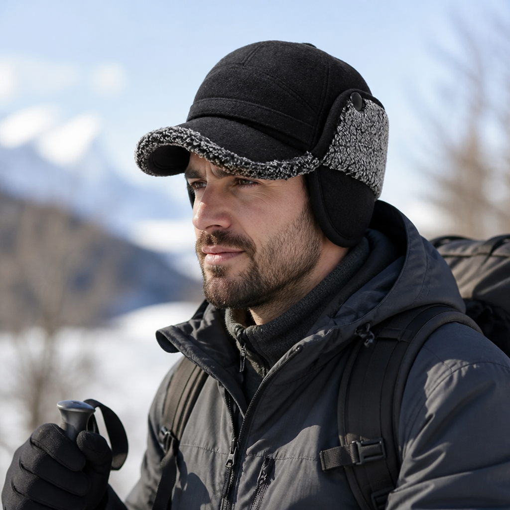 Zimowa Czapka z Daszkiem - Czapka z Nausznikami - Polar i Osłona Karku – 2