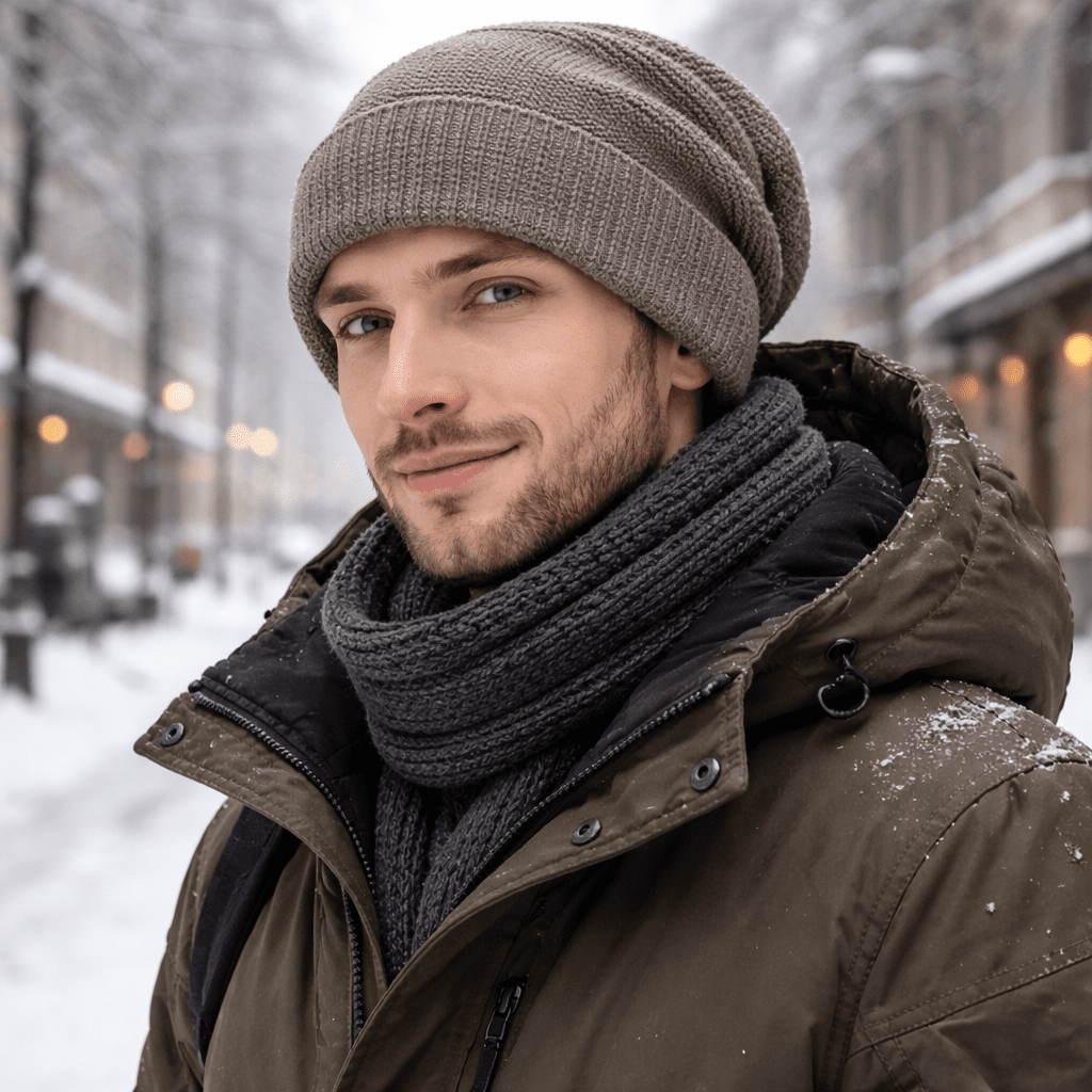 Czapka beanie w kolorze taupe, noszona z szalikiem w śnieżny zimowy dzień
