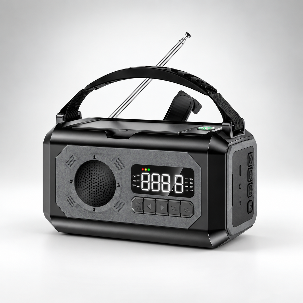 Radio awaryjne w kolorze czarnym – zdjęcie produktu na jasnym tle