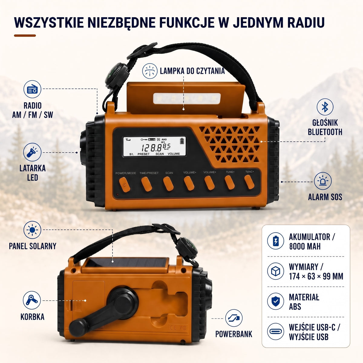 Radio Awaryjne na Korbkę i Solarne – Mocny Powerbank 8000 mAh – Latarka i SOS