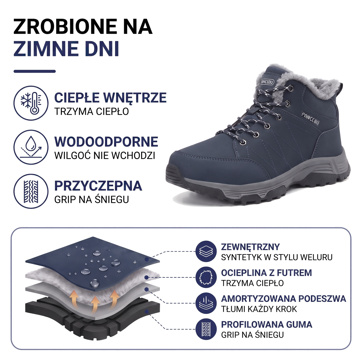 Ocieplane buty zimowe męskie z futrzanym kołnierzem i antypoślizgową podeszwą
