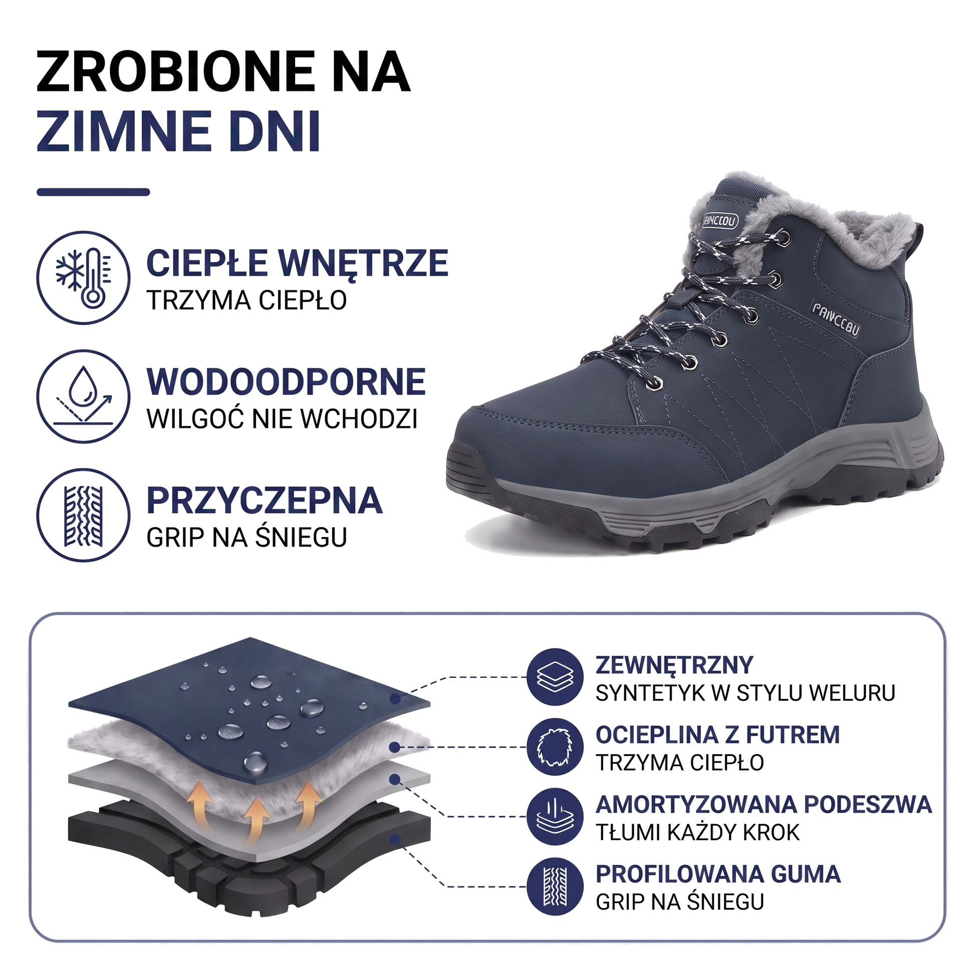 Ocieplane buty zimowe męskie z futrzanym kołnierzem i antypoślizgową podeszwą