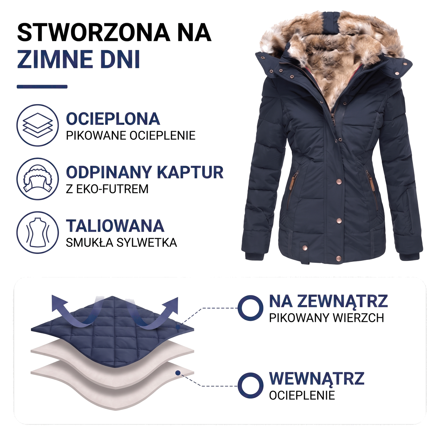 Kurtka zimowa damska pikowana z odpinanym kapturem