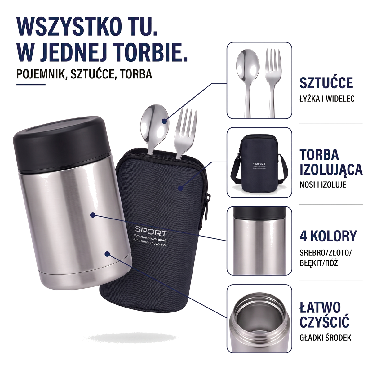 Termos obiadowy ze stali nierdzewnej z sztućcami i torbą