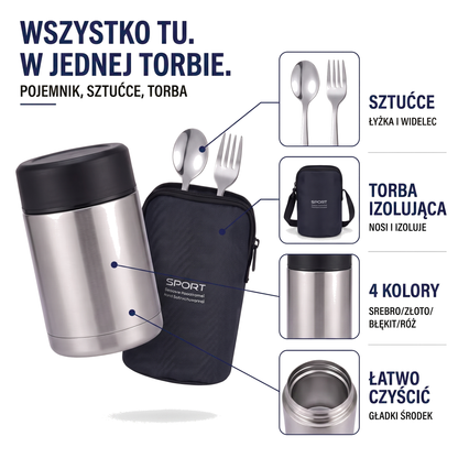 Termos obiadowy ze stali nierdzewnej z sztućcami i torbą