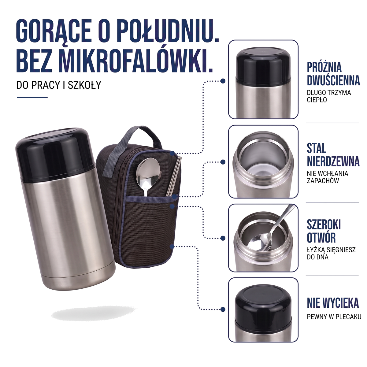 Termos obiadowy ze stali nierdzewnej z sztućcami i torbą