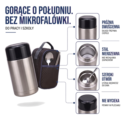 Termos obiadowy ze stali nierdzewnej z sztućcami i torbą