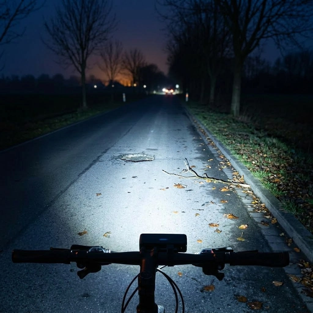 Lampka rowerowa przednia LED 1000 lumenów oświetla ciemną drogę