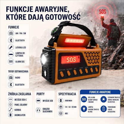 Radio Awaryjne na Korbkę i Solarne – Mocny Powerbank 8000 mAh – Latarka i SOS