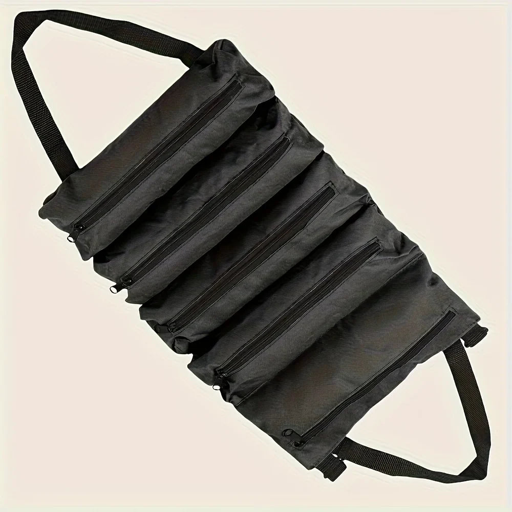 Torba na narzędzia zwijana czarna – kieszenie na zamek z przodu