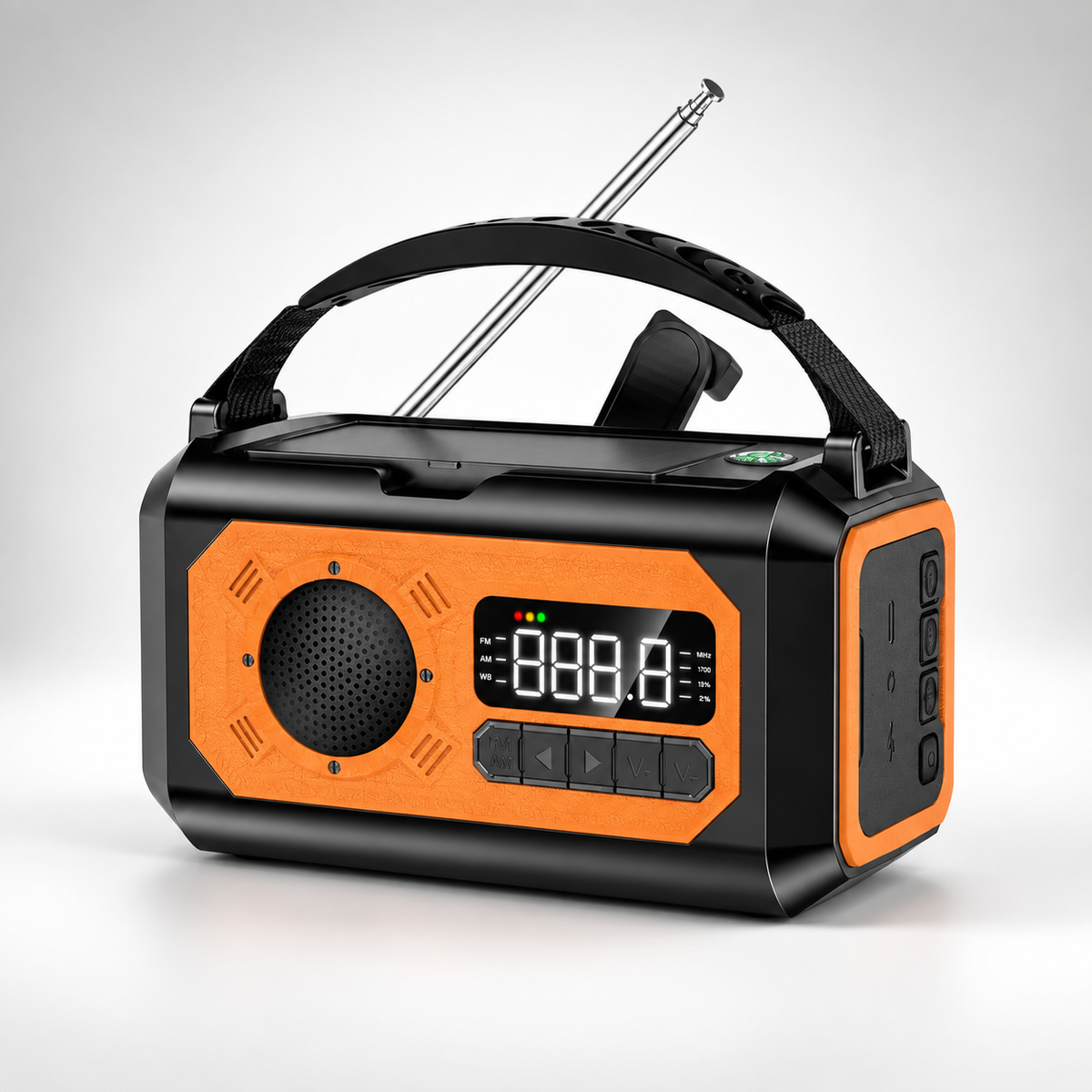 Radio awaryjne w kolorze pomarańczowym – zdjęcie produktu na jasnym tle
