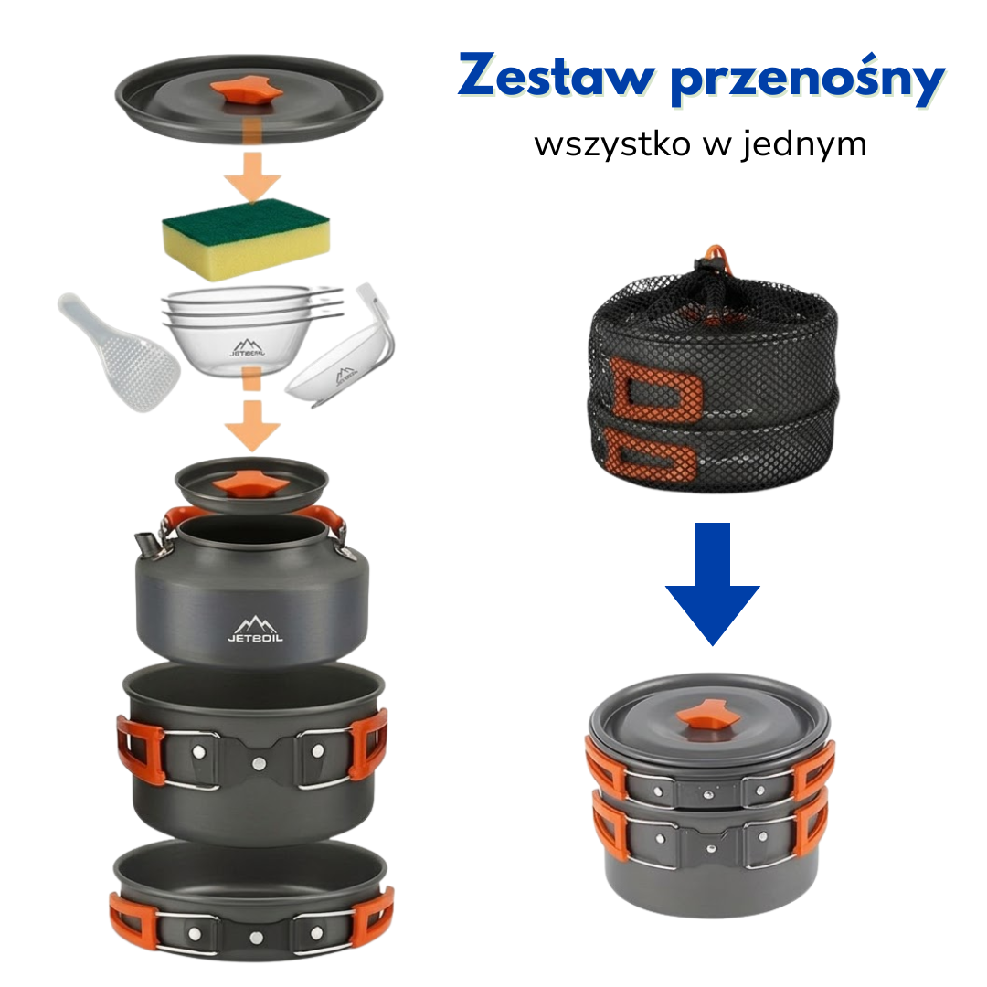 Zestaw do gotowania na camping – Kompletny zestaw 9 elementów – Garnek, czajnik i patelnia