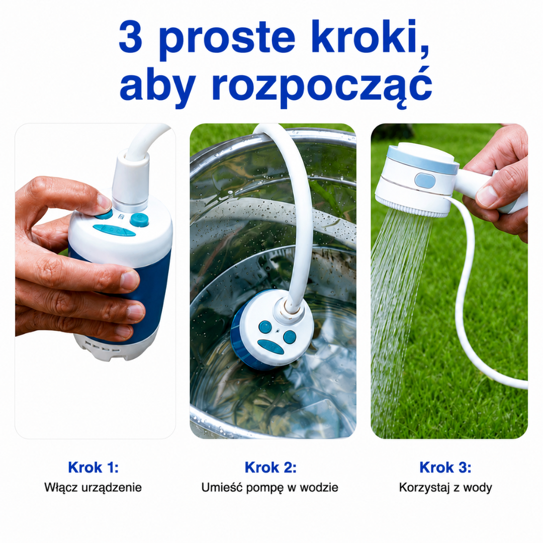 Przenośny Prysznic Kempingowy 5000 mAh – Akumulatorowy – Kompletny Zestaw