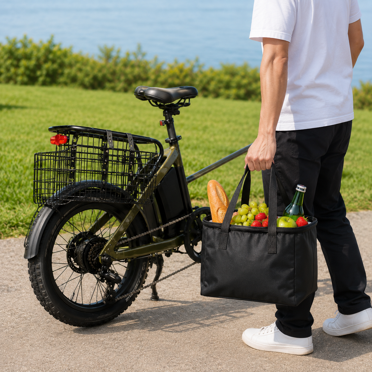 Kosz rowerowy z odpinaną torbą noszoną jako torba na zakupy obok roweru