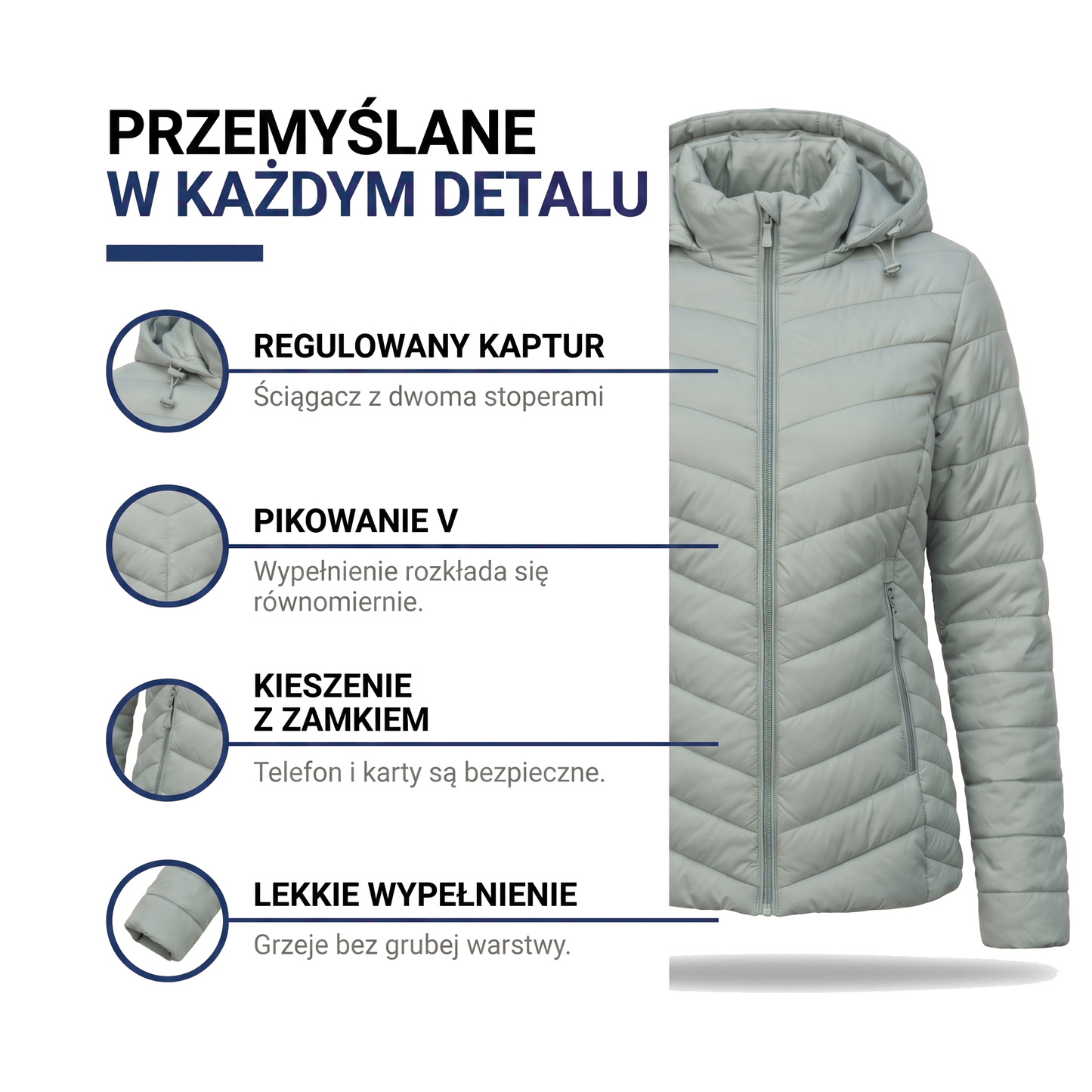 Kurtka pikowana damska z regulowanym kapturem
