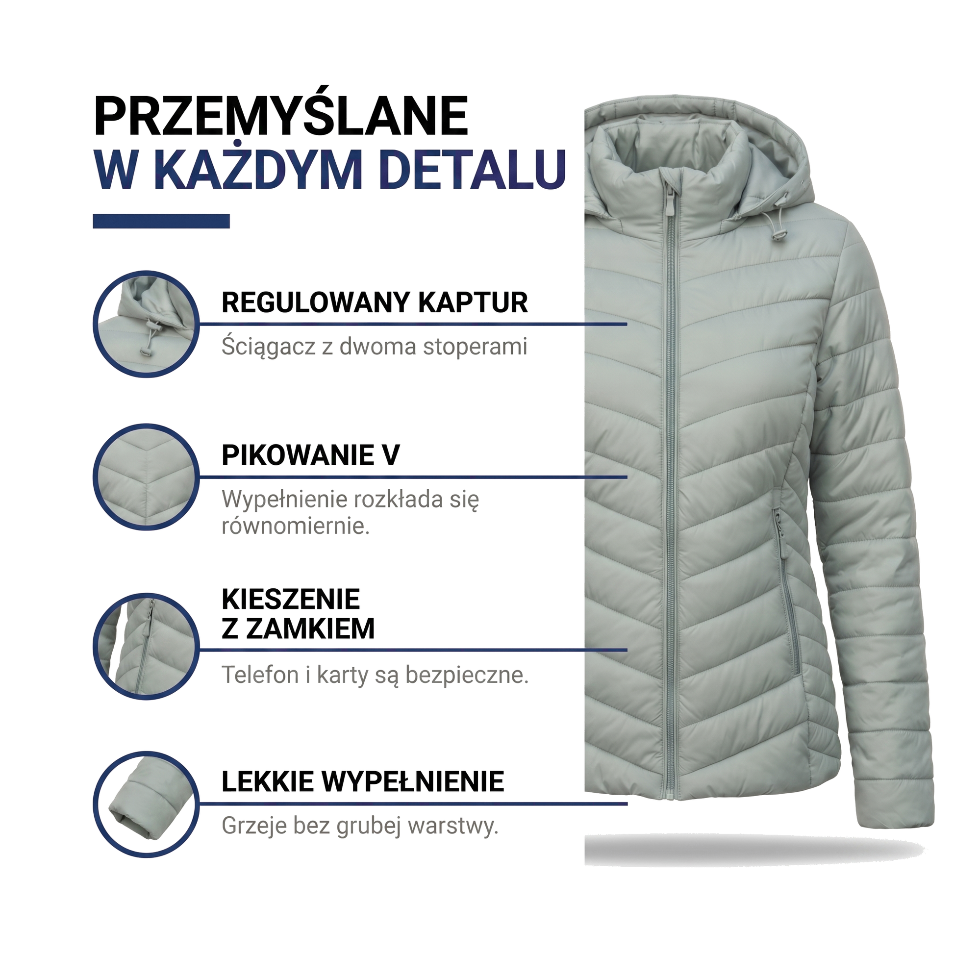 Kurtka pikowana damska z regulowanym kapturem