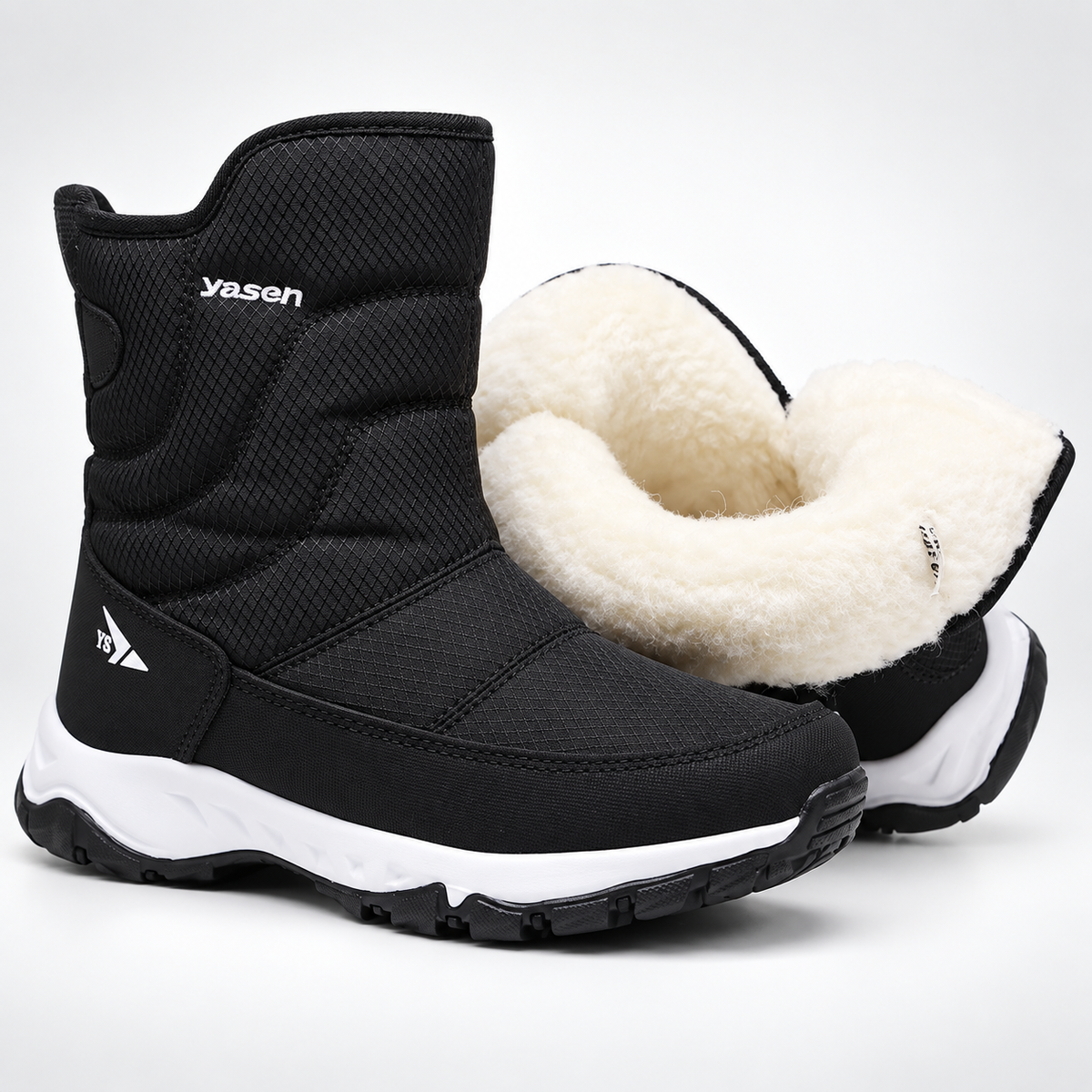Buty zimowe męskie czarne z białym pluszem w środku