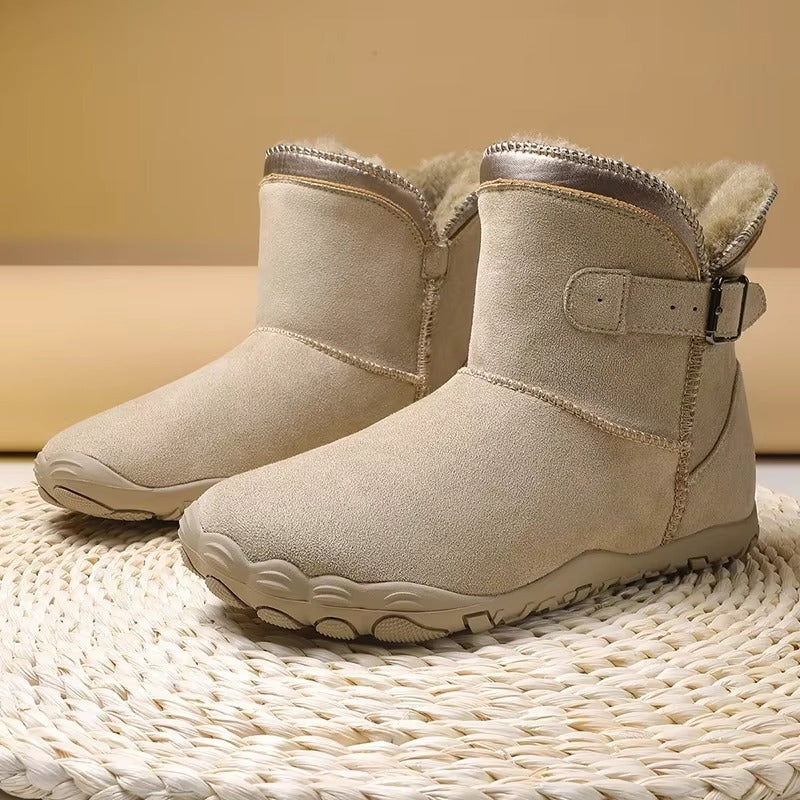 Śniegowce barefoot para w kolorze piaskowego beżu z polarem i sprzączką