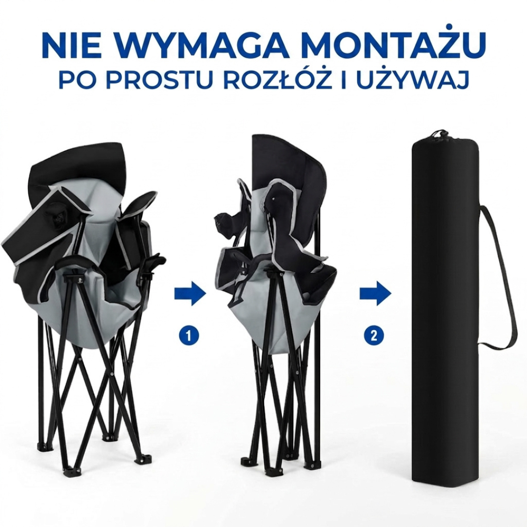 Składane krzesło campingowe 150 kg – wyściełane, wysokie oparcie, uchwyt na napój
