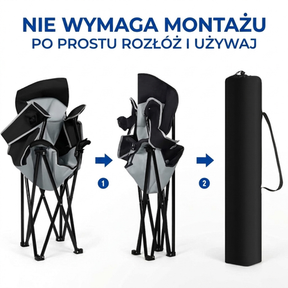 Składane krzesło campingowe 150 kg – wyściełane, wysokie oparcie, uchwyt na napój