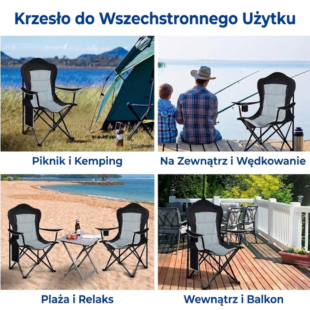 Składane krzesło campingowe 150 kg – wyściełane, wysokie oparcie, uchwyt na napój