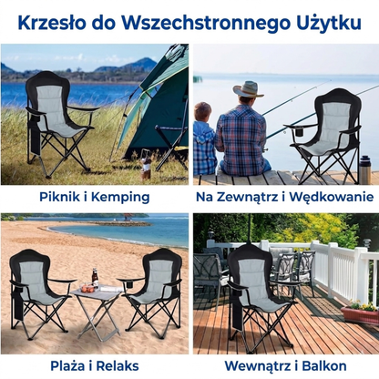 Składane krzesło campingowe 150 kg – wyściełane, wysokie oparcie, uchwyt na napój