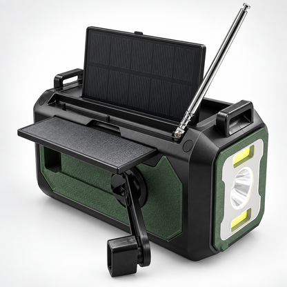 Radio awaryjne z rozłożonym panelem solarnym, anteną i korbką