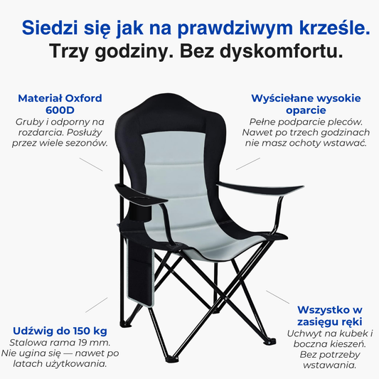 Składane krzesło campingowe 150 kg – wyściełane, wysokie oparcie, uchwyt na napój