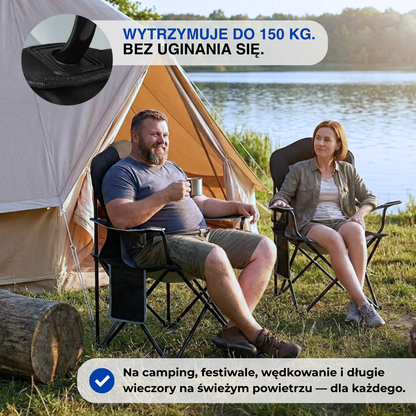 Składane krzesło campingowe 150 kg – wyściełane, wysokie oparcie, uchwyt na napój
