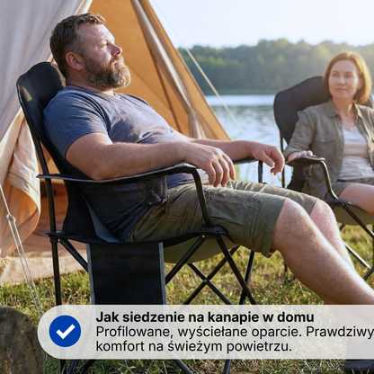 Składane krzesło campingowe 150 kg – wyściełane, wysokie oparcie, uchwyt na napój