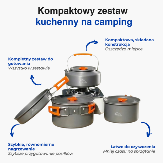Zestaw do gotowania na camping – Kompletny zestaw 9 elementów – Garnek, czajnik i patelnia