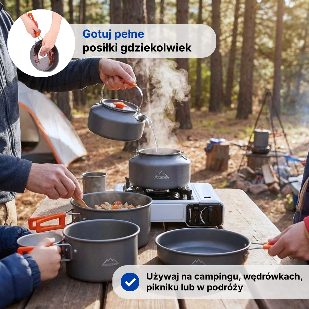 Zestaw do gotowania na camping – Kompletny zestaw 9 elementów – Garnek, czajnik i patelnia