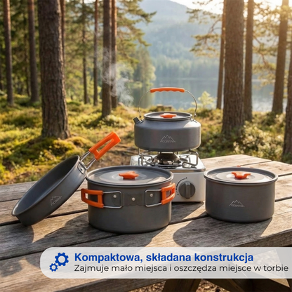 Zestaw do gotowania na camping – Kompletny zestaw 9 elementów – Garnek, czajnik i patelnia