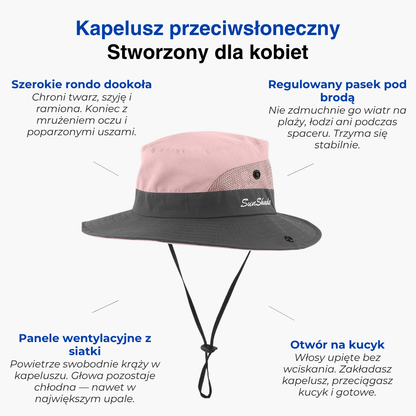Damski kapelusz przeciwsłoneczny z szerokim rondem – ochrona UV, otwór na kucyk