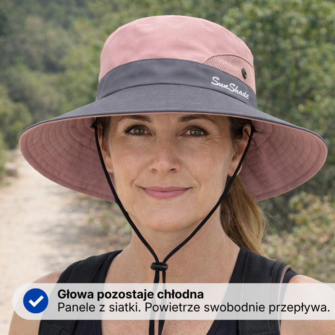 Damski kapelusz przeciwsłoneczny z szerokim rondem – ochrona UV, otwór na kucyk