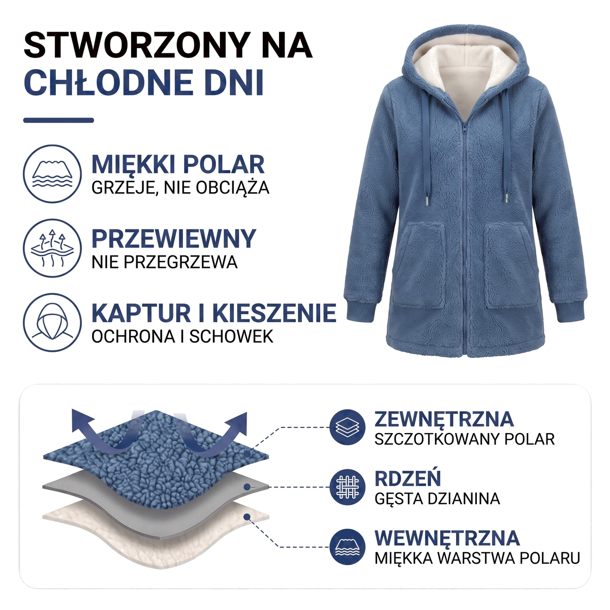 Polar damski z kapturem — miękki teddy flis