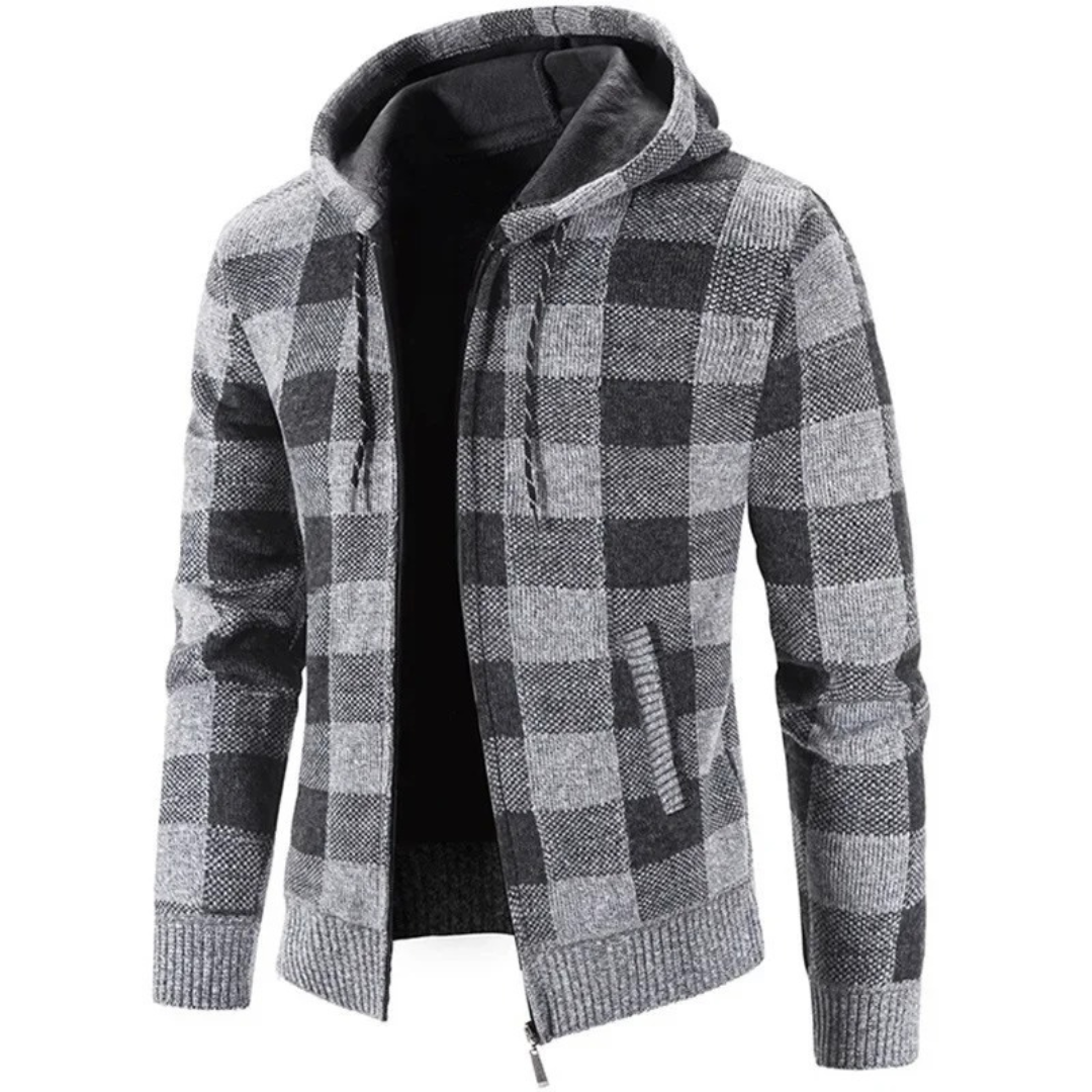 Rozpinana bluza męska z kapturem w kratę z polarową podszewką