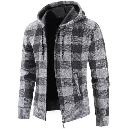 Rozpinana bluza męska z kapturem w kratę z polarową podszewką